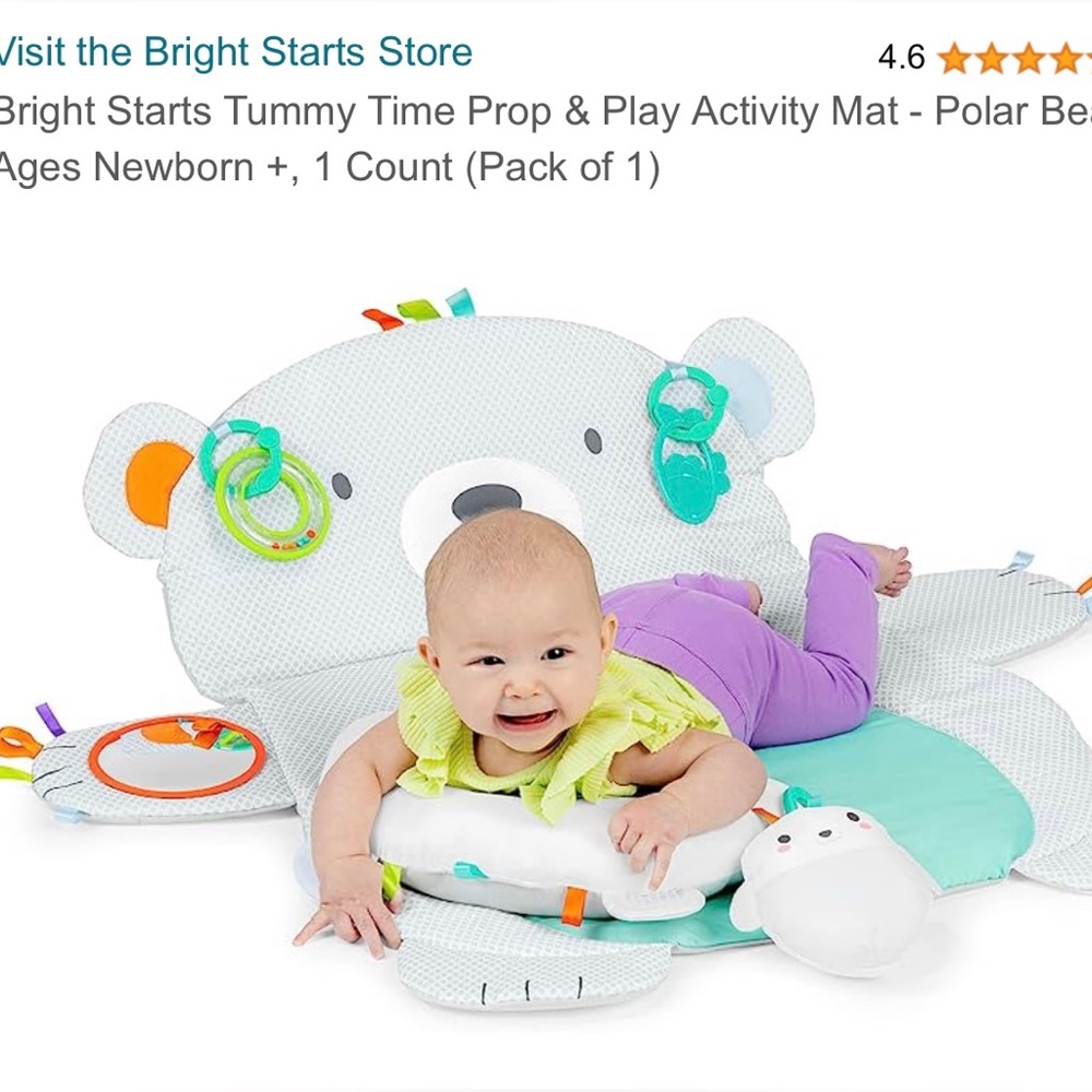 Bright Starts Tummy Time Prop & Play Activity Mat - Polar Bear, Ages Newborn +